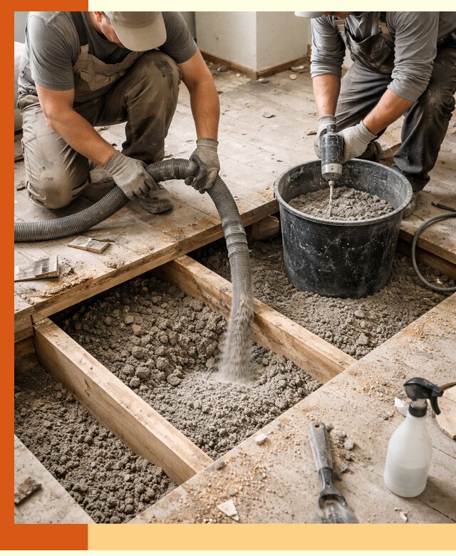 Заполнение пустот пола в Краснокаменске полиуретаном и пенополистиролом