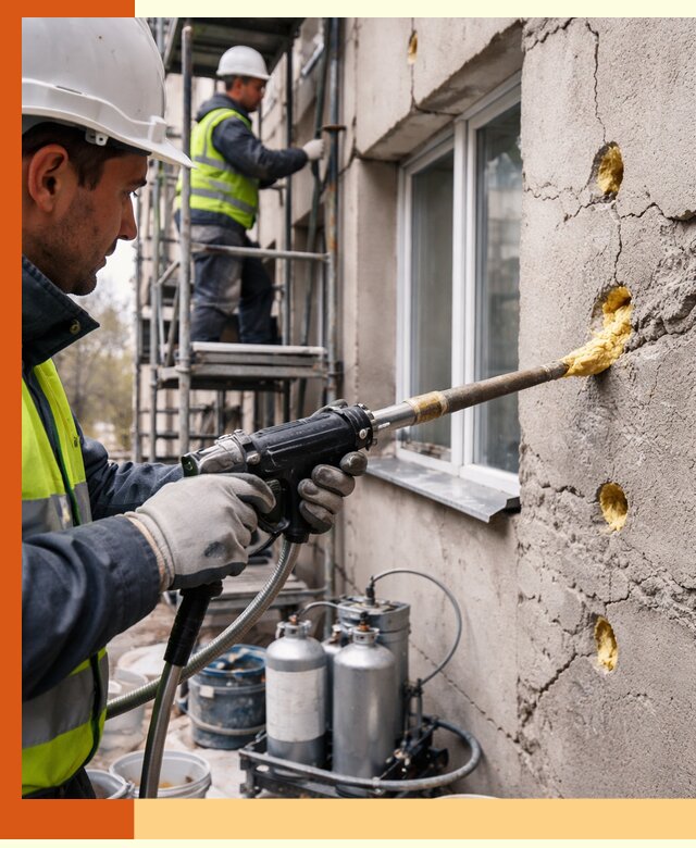 Заполнение пустот в фасаде и утепление стен в Краснокаменске